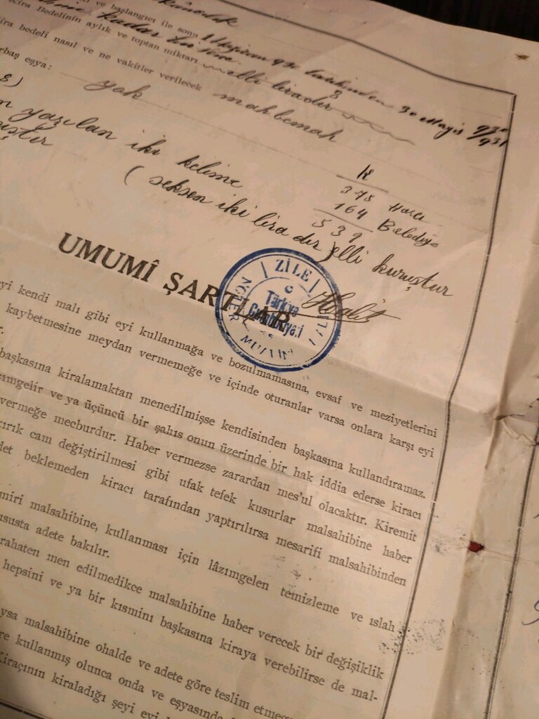 1930 Zile Noterliği - Damga Pullu & Mühürlü Orijinal Kira Mukavelesi - 6