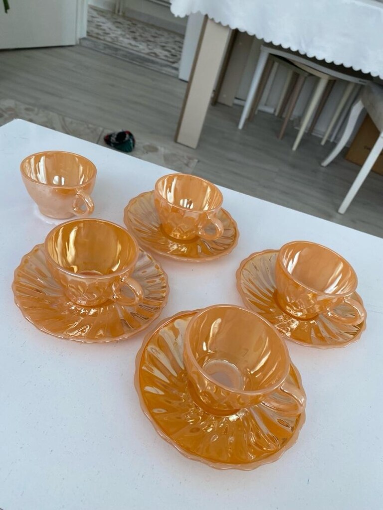 Nostaljik Sarı Kahve Fincanı 40 yıllık. 5 fincan 4 tabak - 2