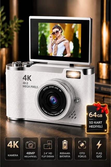 4K Dijital Fotoğraf Makinesi 48MP Flip Ekranlı 8X Zoom Flaşlı