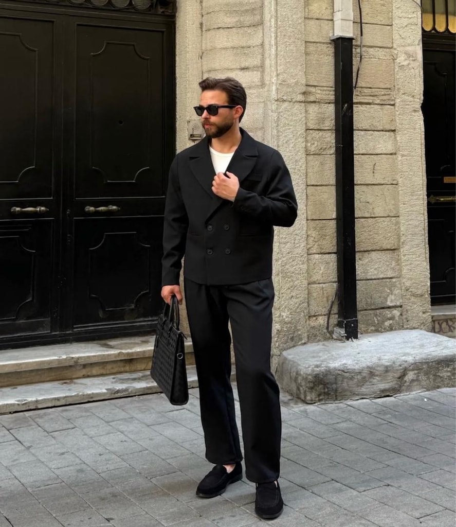 Xramburada Premium Kruvaze Boxy Ceket Baggy Pileli Pantolon Siyah Erke - 2