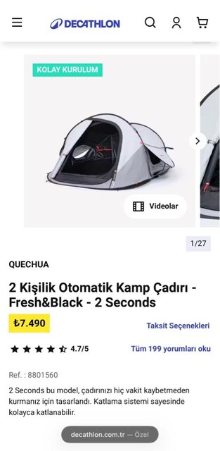 Decathlon Fresh&black otomatik kamp çadırı