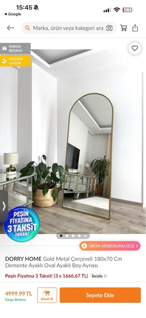 Gold Çerçeveli 180x70 Ayaklı Oval Boy Aynası - 3