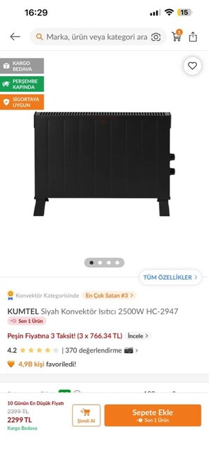 Kumtel Siyah Konvektör Isıtıcı