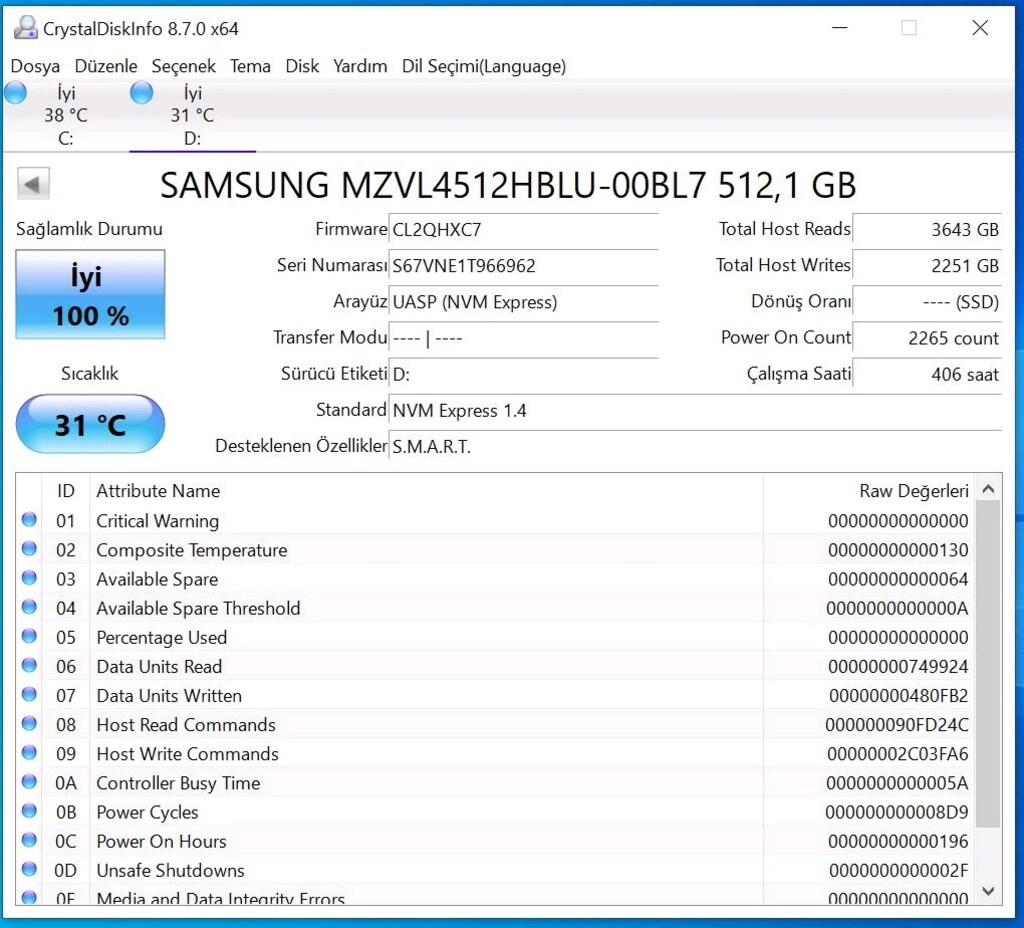 Samsung PM9A1 (MZVL4512HBLU-00BL7) – 512 GB NVMe M.2 SSD - 2
