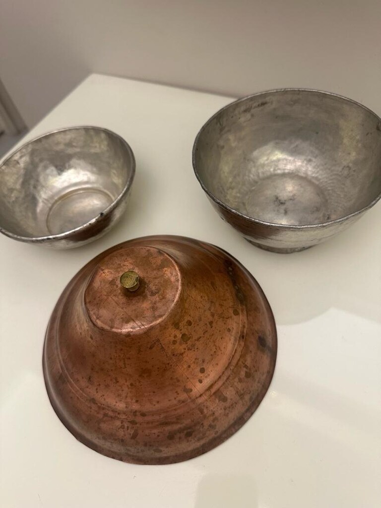 Antika vintege bakırlar 2 kase 14 cm 13 cm 1 kapak 18 cm - 10
