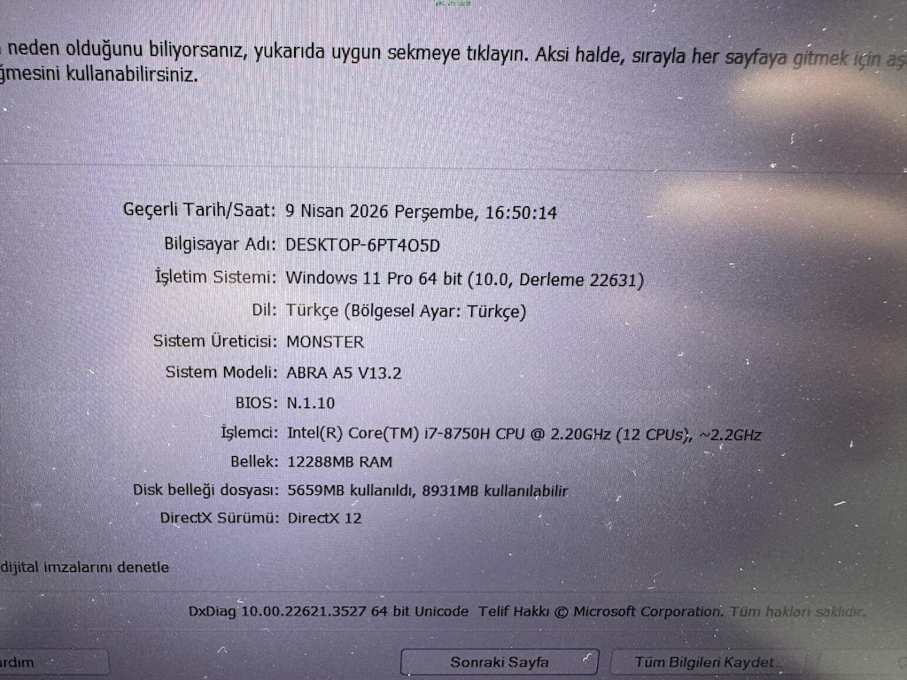MONSTER ABRA i7 8. NESİL 12 GB RAM 512 NVME GTX 1050 - 7
