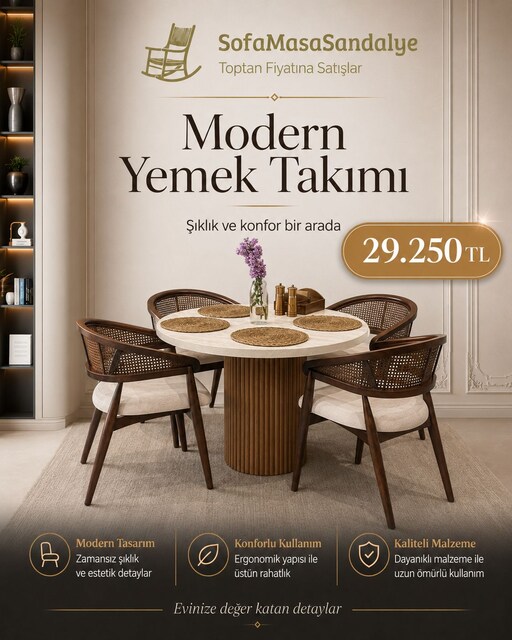 100 cm Traverten Masa Takımı – 4 Gazel Sandalye