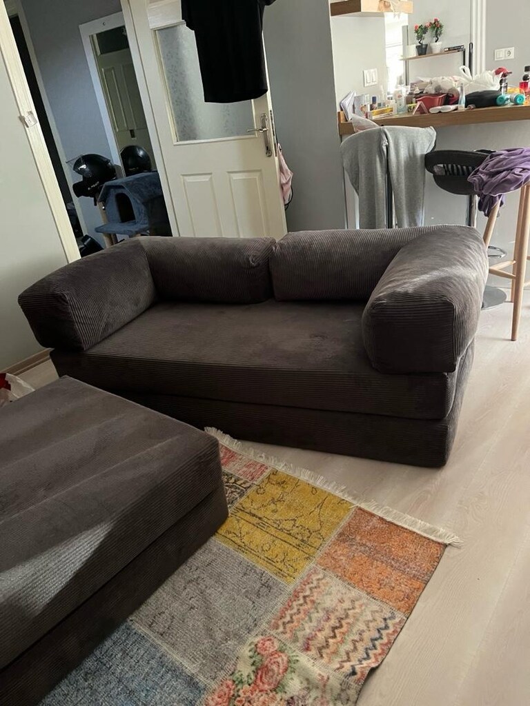 Modern Gri Kadife Fitilli İkili Koltuk ve Puf Takımı (Modüler / Temiz) - 2