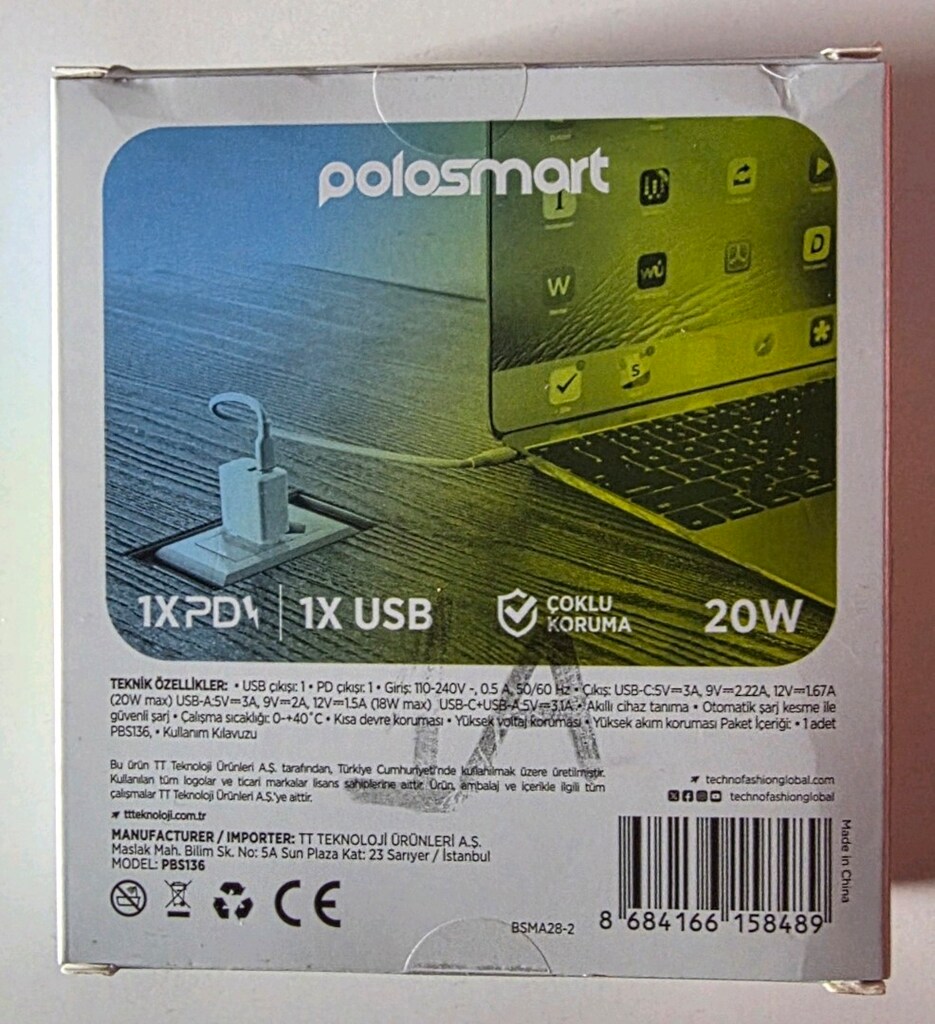 Polosmart PBS136 Hızlı 1 USB 1 PD Çıkışlı 20W Şarj Adaptörü Duvar Şarj - 12