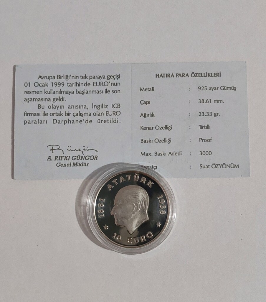 10 Euro Atatürk Gümüş Hatıra Parası Darphane Sertifikalı - 4