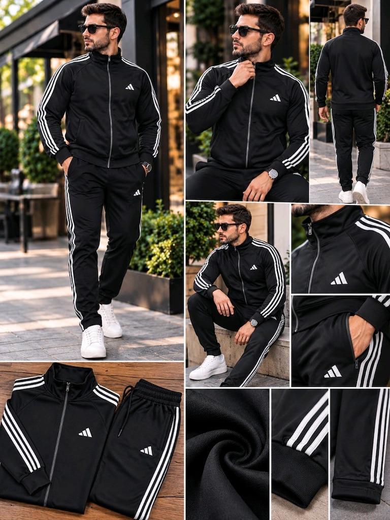 Siyah Beyaz Şeritli Erkek Eşofman Takımı – Sportif ve Şık Model - 3