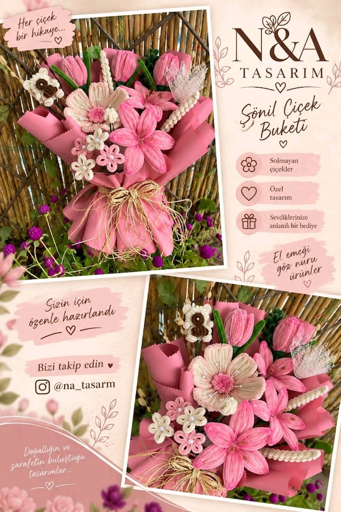 Pembe şönil lilyum, lale buket - 3