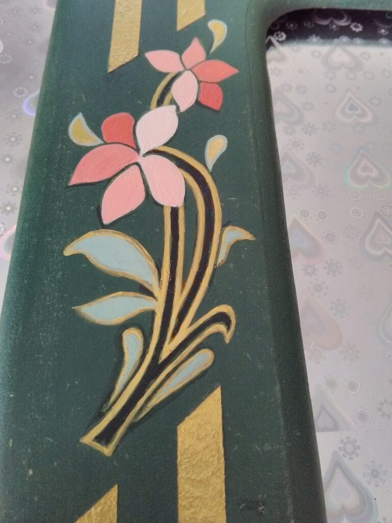 Ahşap, Yeşil Çiçek Motifli, Yaldızlı, Ayna veya Fotoğraf Çerçevesi - 5