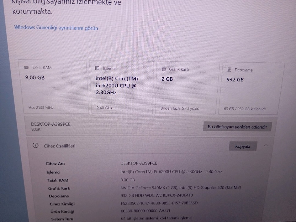 Lenovo Çift Ekran Kartlı I5 işlemci 8Ram 1Tb SSHD 2Gb Nvidia Gt940MX - 9