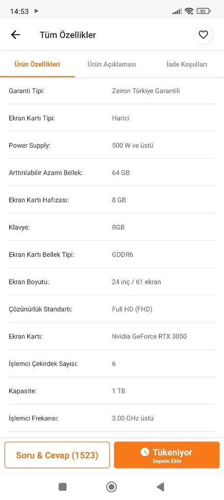 Ryzen 5 5500 RTX 3050 32GB RAM 1TB SSD + 24” 165Hz Monitör - 9