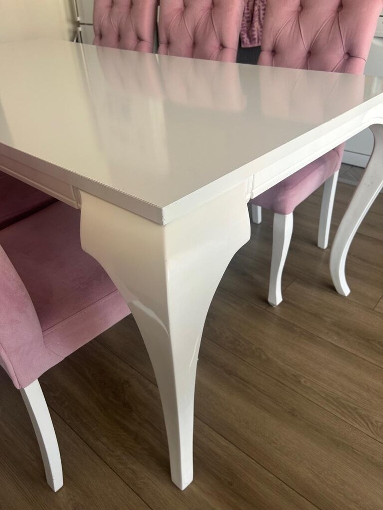 Kapitone Pembe Kadife & Parlak Beyaz Yemek Masası Seti - 7