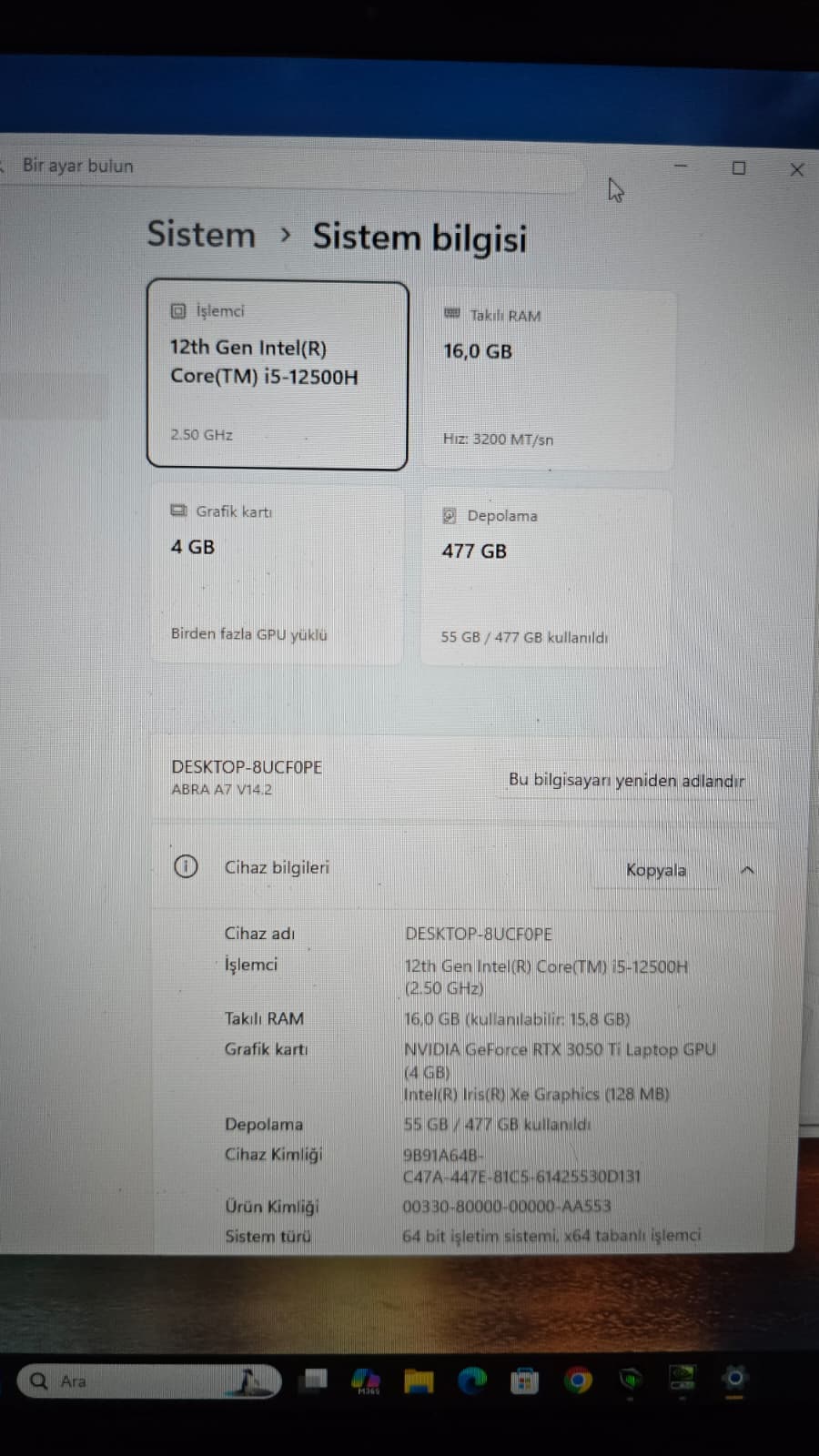 MONSTER ABRA A7 V14.2 17,,3 EKRANLI 3050Tİ LAPTOP - 8