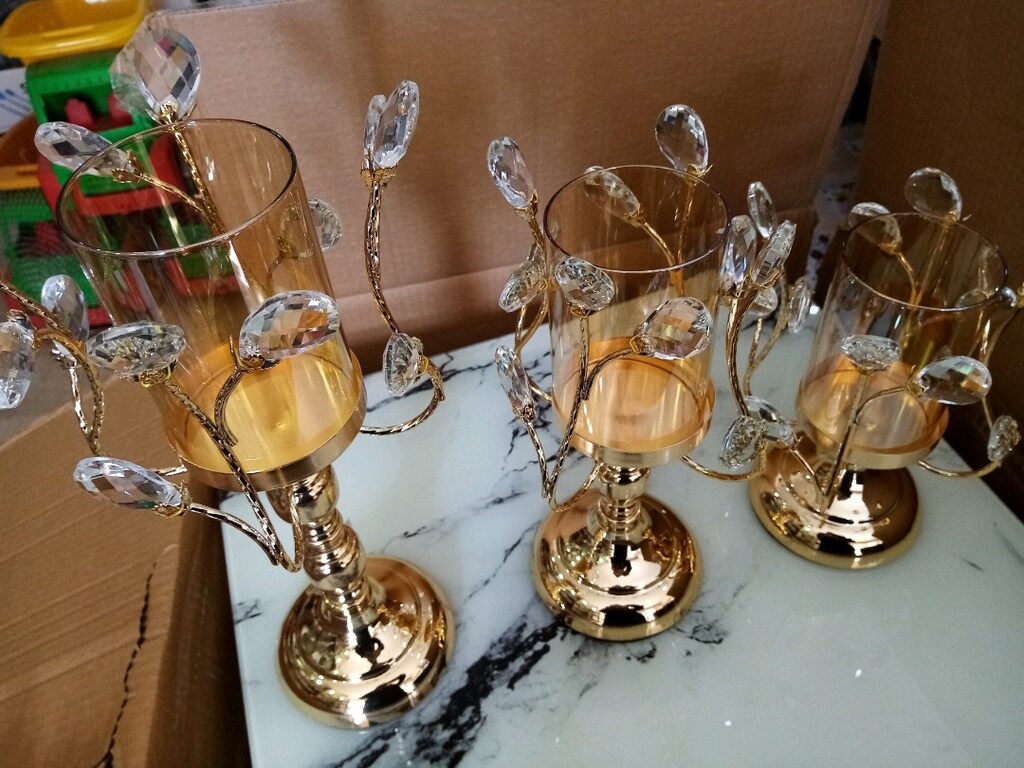 Gold 3 lü şamdan dekoratif taşlarla süslü - 7