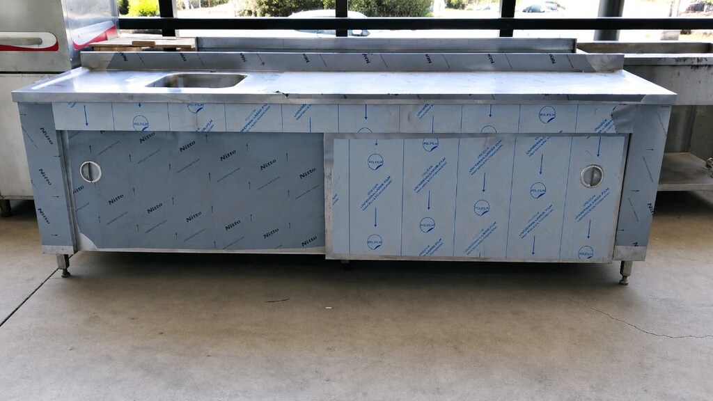 evveli ara raflı sürgü kapılı paslanmaz çelik çalışma tezgahı 280X67X8 - 2