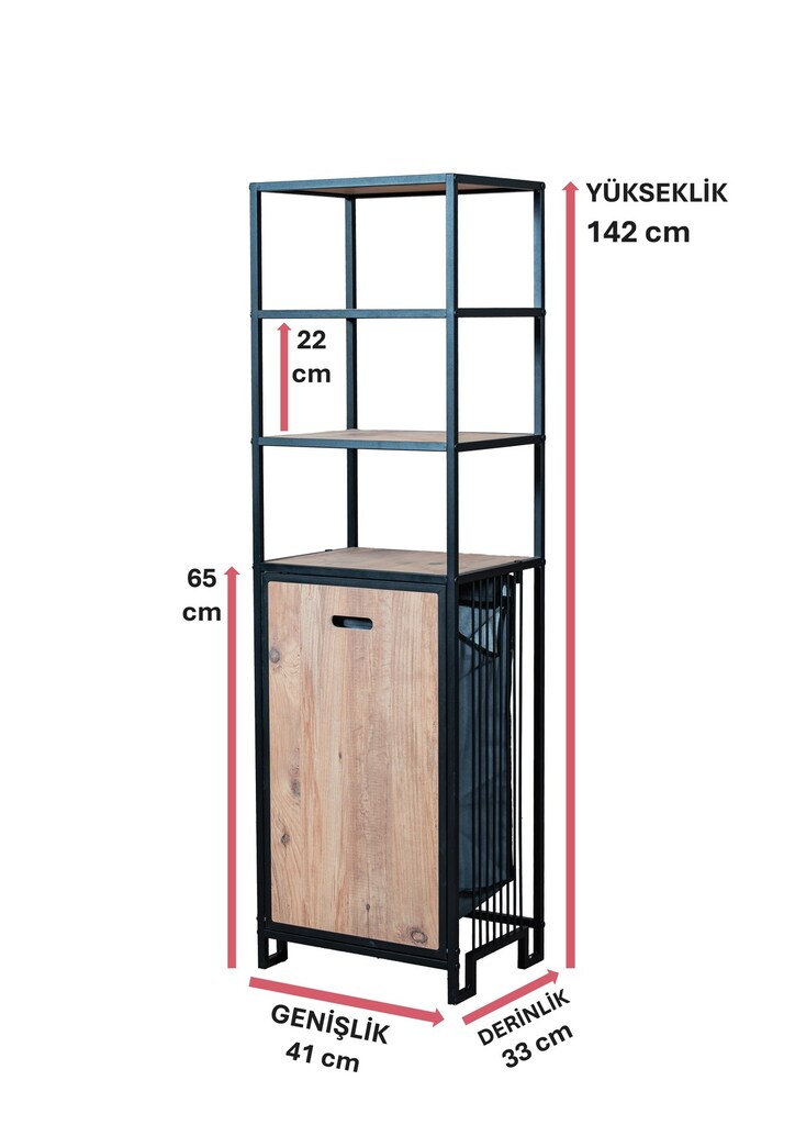 KİRLİ SEPETLİ BANYO DOLABI AHŞAP RAFLI METAL GÖVDELİ 4 RAFLI ORGANİZER - 5