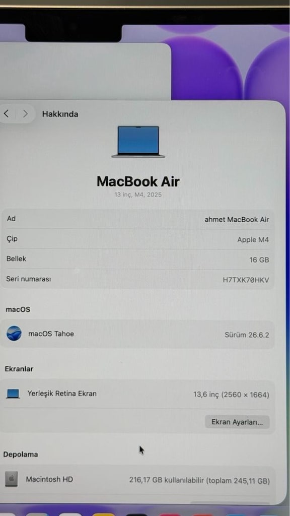 MacBook Air M4 13” 16 GB RAM 256 GB SSD 17 ay garanti PİL DEVRİ :10 - 5