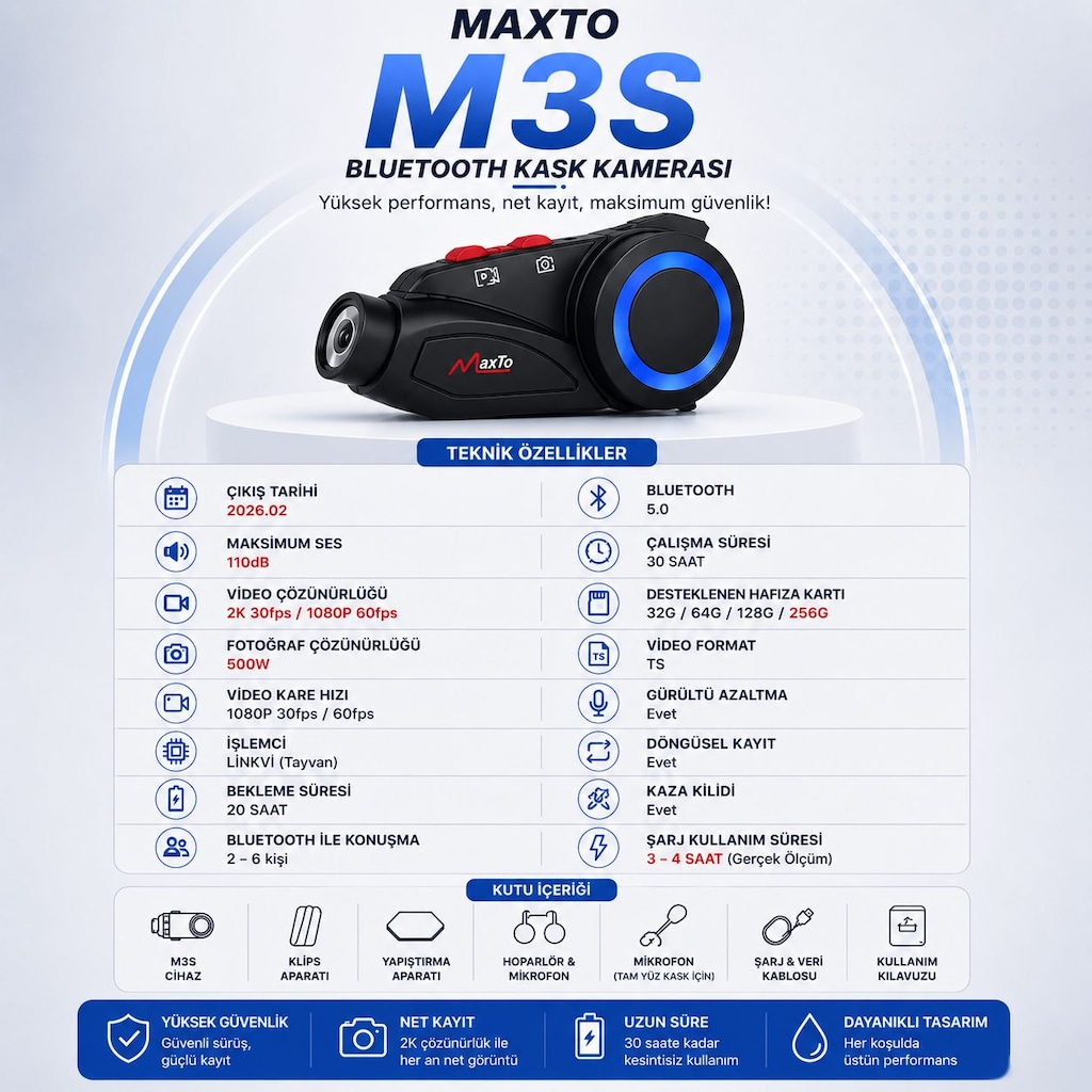 MAXTO M3S 2K Bluetooth Kask Kamerası Intercom Wi-Fi IP67 Su Geçirmez - 7