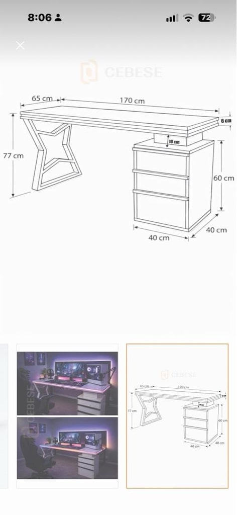 CEBESE Bilgisayar Masası + RGB LED 170×77×65 cm - Kumandalı ve Telefon - 2