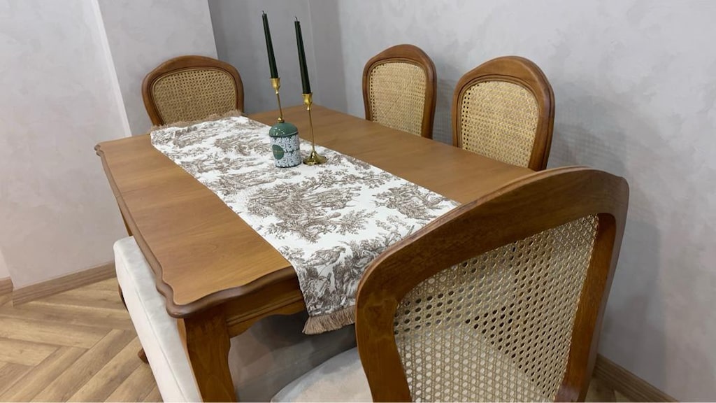 yemek masası + 6 sandalye + 1 bench, ceviz renk, ahşap, açılabilir - 6
