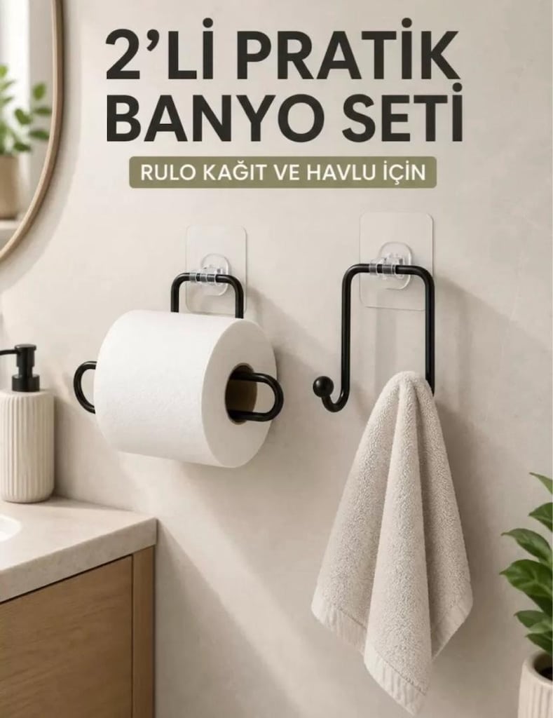 2’li Yapışkanlı Banyo Düzenleme Seti Rulo Kağıt Tutucu Ve Havlu Askılı - 2