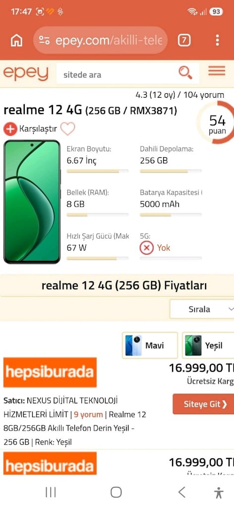 Realme 12 - 256 GB ( 8 + 8 ram ) tertemiz problemsiz tamir görmemiş - 3