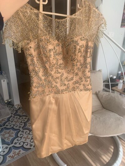 Gold Taşlı Abiye Elbise