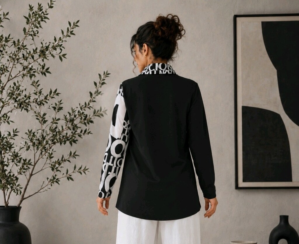 L Beden Modern Siyah-Beyaz Yazı Desenli Uzun Kollu Kadın Gömlek - 5