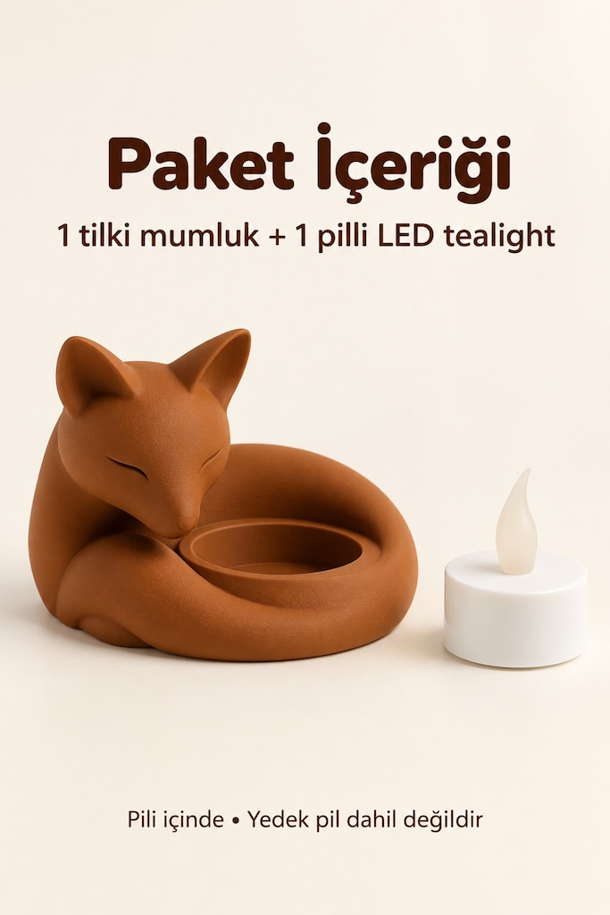 Kahverengi Uyuyan Tilki Figürlü Dekoratif Mumluk - Pilli LED Tealight - 4