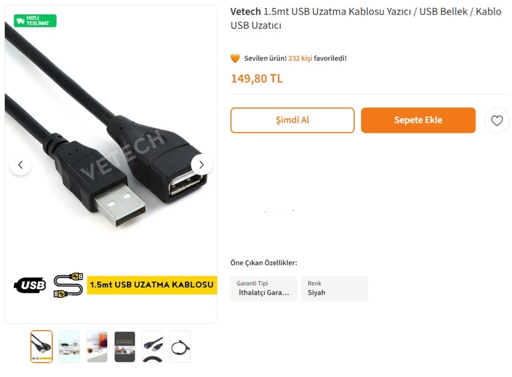 USB Uzatma Kablosu 1.5mt Yazıcı / USB Bellek / Kablo USB Uzatıcı - 2
