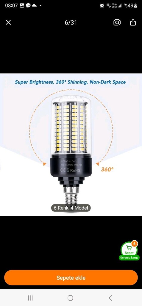 E27 duy beyaz ışık güçlü 132 LED AMPUL. 360 derece aydınlatma. - 5