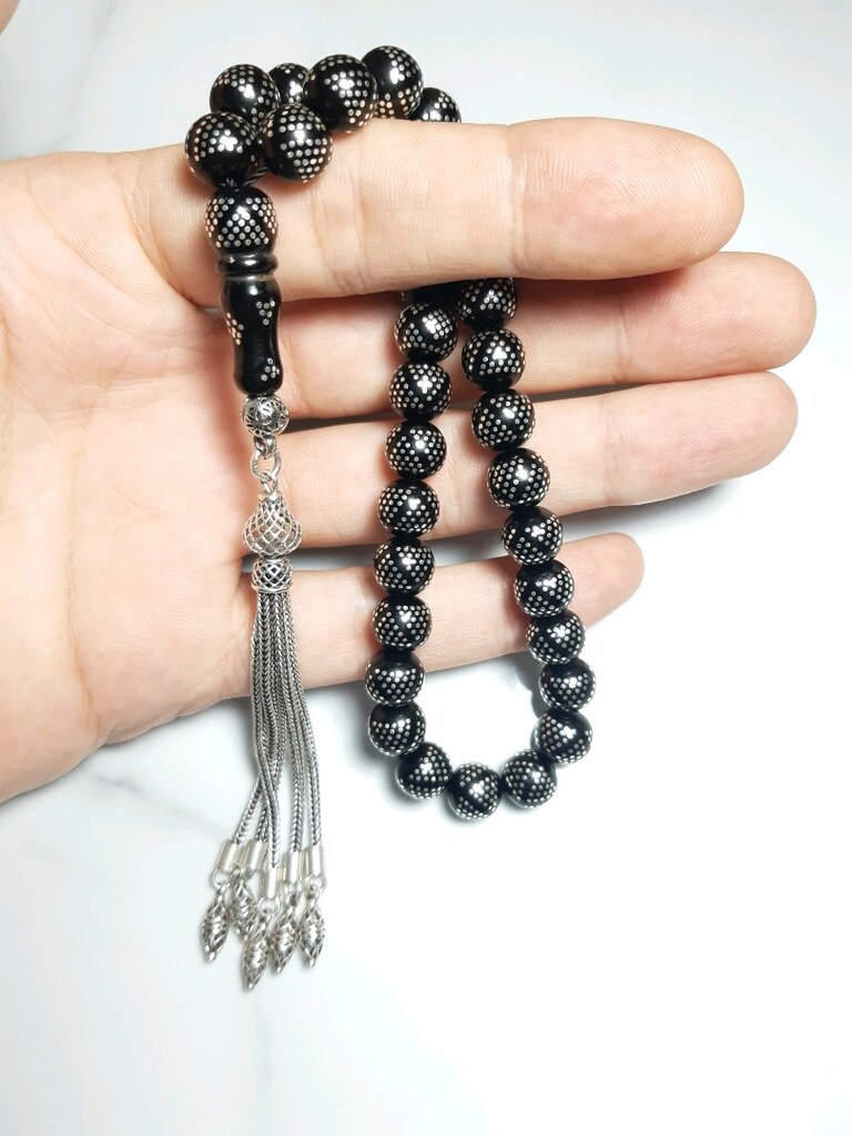 Gümüş Püsküllü Gümüş İşlemeli Erzurum Oltu Taşı Tesbih - 4