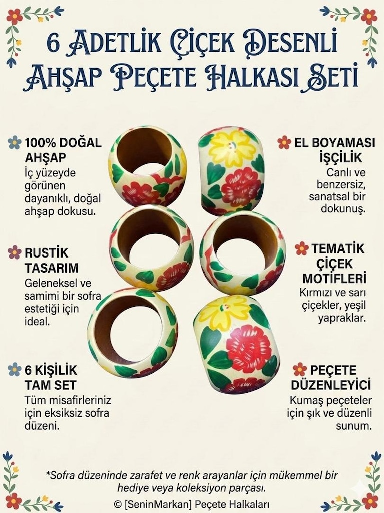 6 Kişilik Geleneksel El Boyaması Masif Ahşap Peçete Halkası Seti -