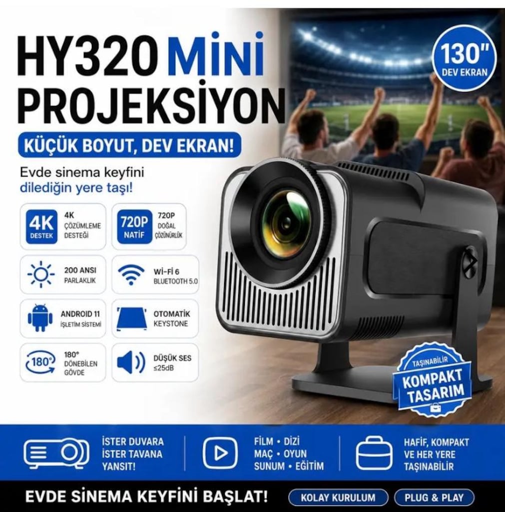 AbbRuch HY320 Mini Taşınabilir HD Projeksiyon Cihazı Android 11