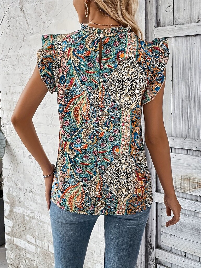 B104 Paisley Desenli ve Fırfırlı Kollu Zarif Bluz - 3