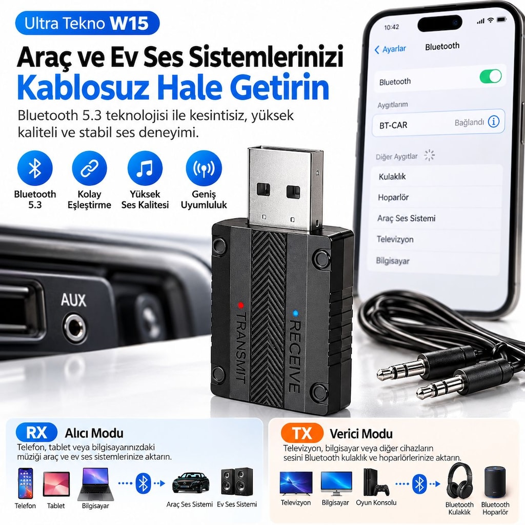 W15 Bluetooth 5.3 AUX Alıcı Verici RX TX Araç TV PC Ses Adaptörü - 8