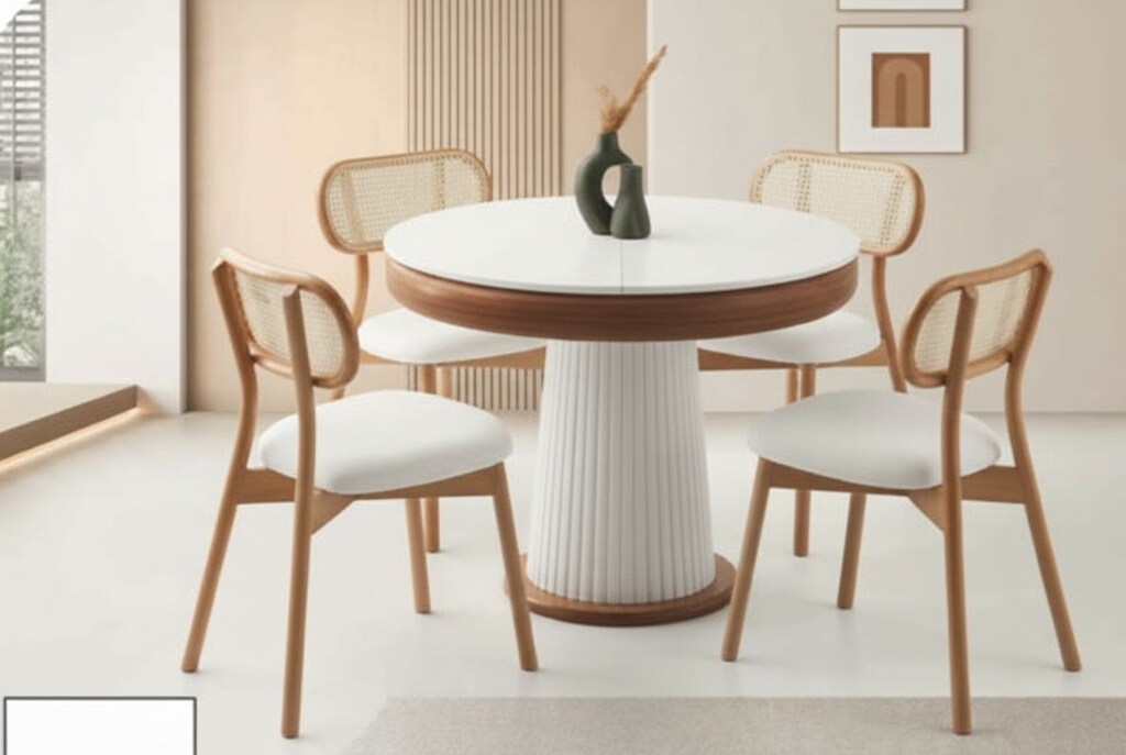 Modern Bohem Yuvarlak 4 kişilik Açılan Masa - Beyaz , Natural - 5