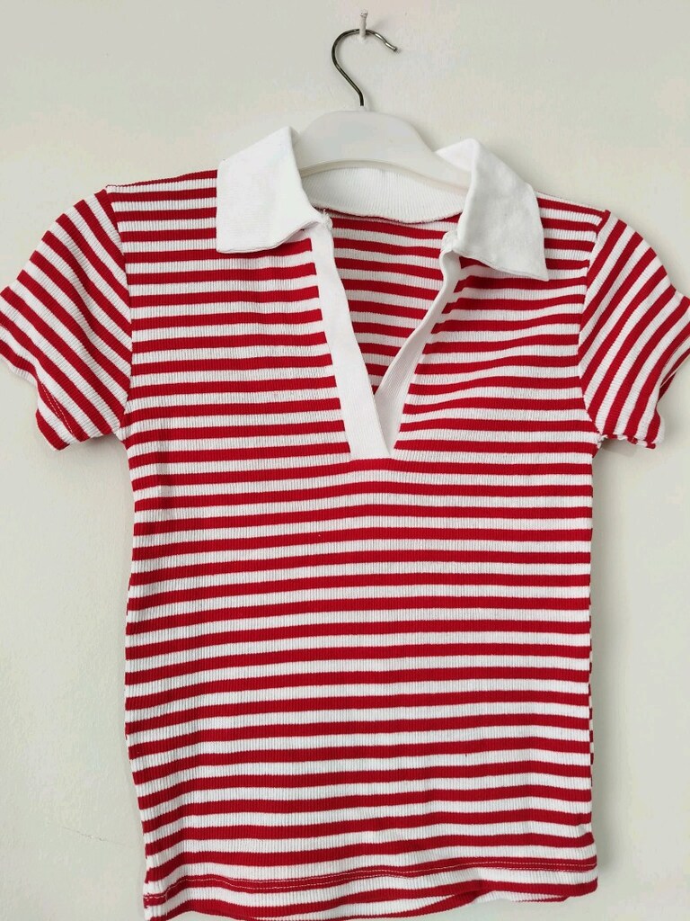 Kırmızı Beyaz Çizgili Polo Yaka Tişört - 3