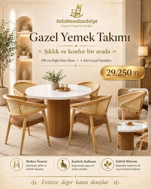 100 cm High Gloss Masa Takımı – 4 Gazel Sandalye