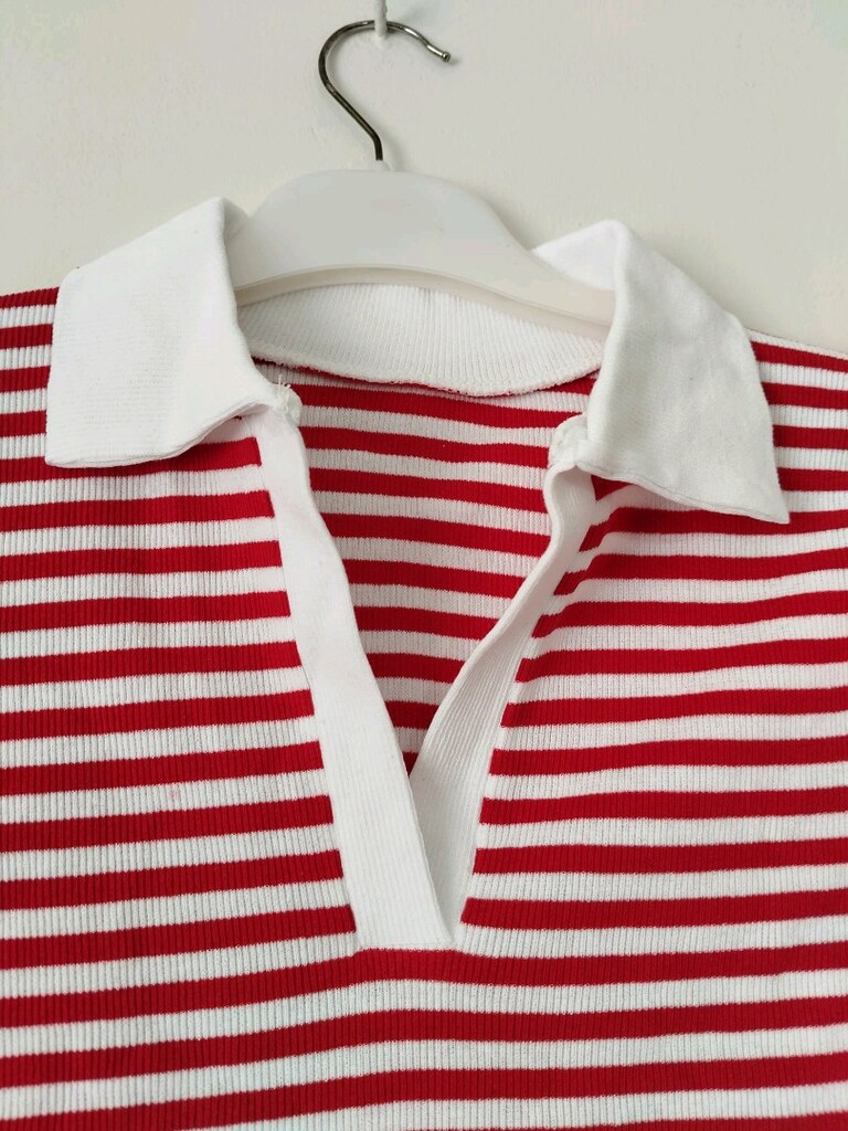 Kırmızı Beyaz Çizgili Polo Yaka Tişört - 11