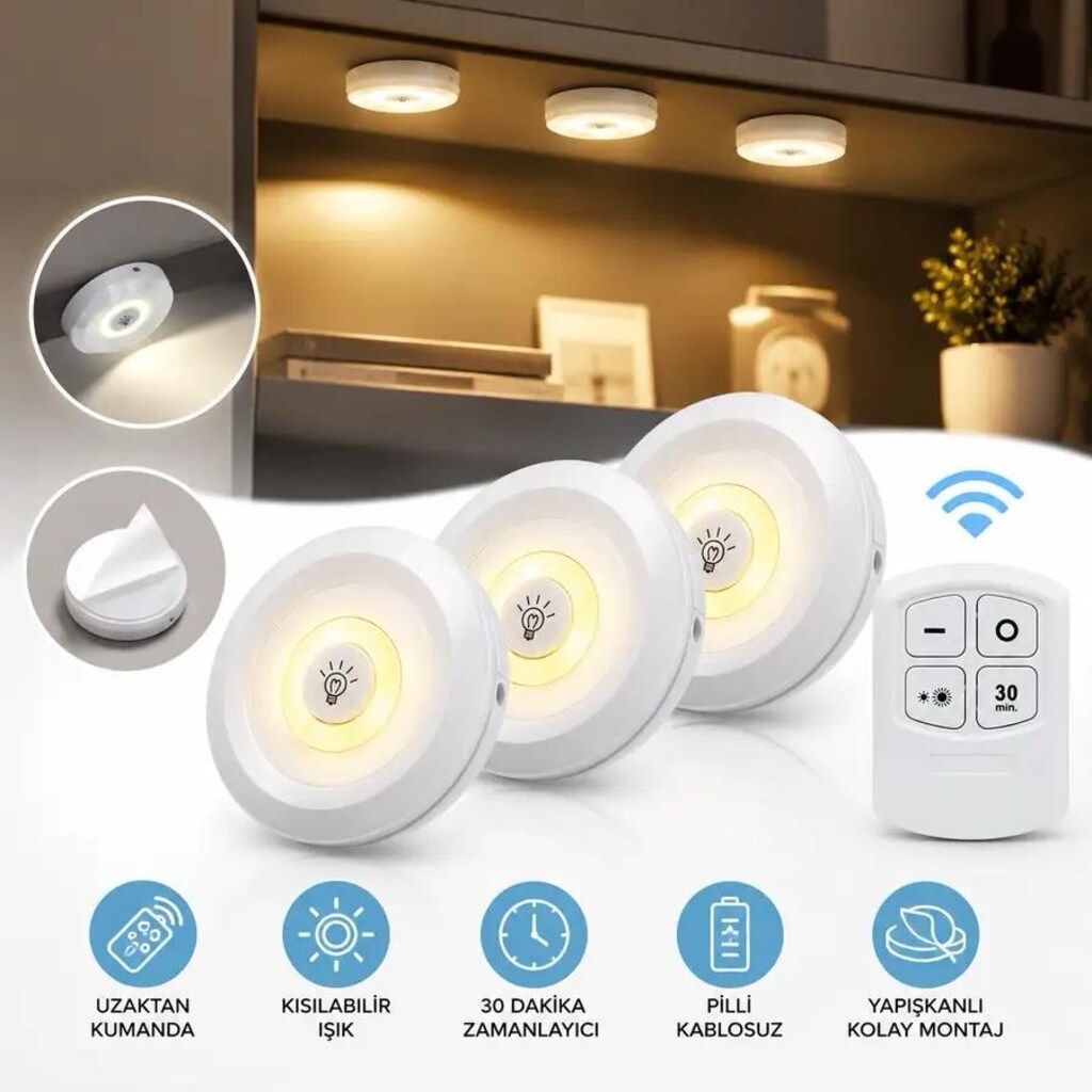 Uzaktan Kumandalı 3’lü Kablosuz LED Spot Işık – Pilli - 2