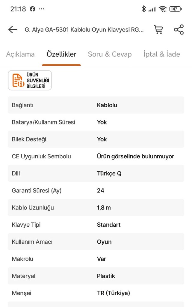 G. Alya GA-5301 Kablolu Oyun Klavyesi RGB Tuş sıfır kutusunda - 5