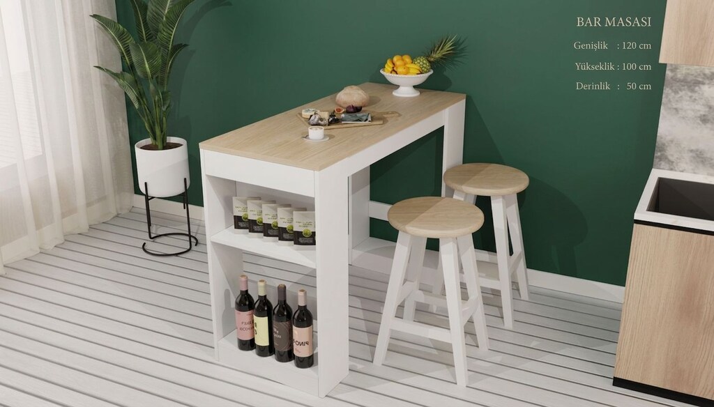 Sıfır , %100 MDF , Bar Masası / Çok Amaçlı Raflı Mutfak Masası - Beyaz - 12
