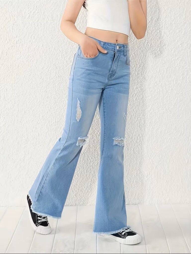 B060 Kızlar için Esnek Mavi Kot Pantolon Trend Yırtık Denim - 4