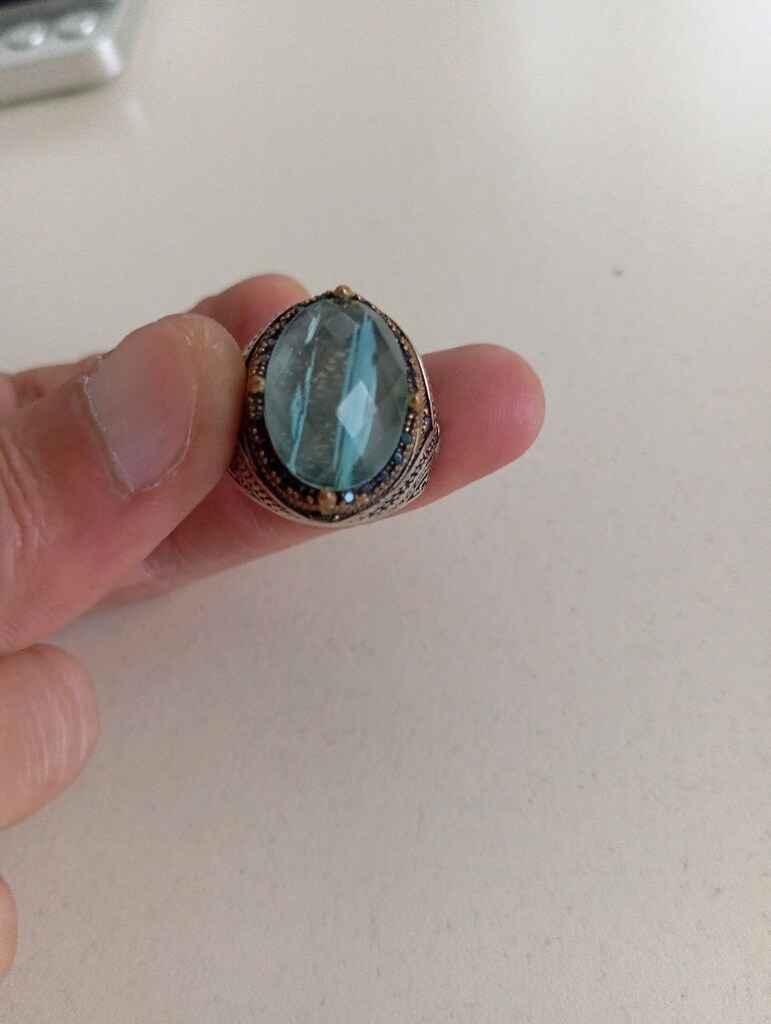Elmas kesim, paraiba taşlı 925 ayar gümüş yüzük - 3