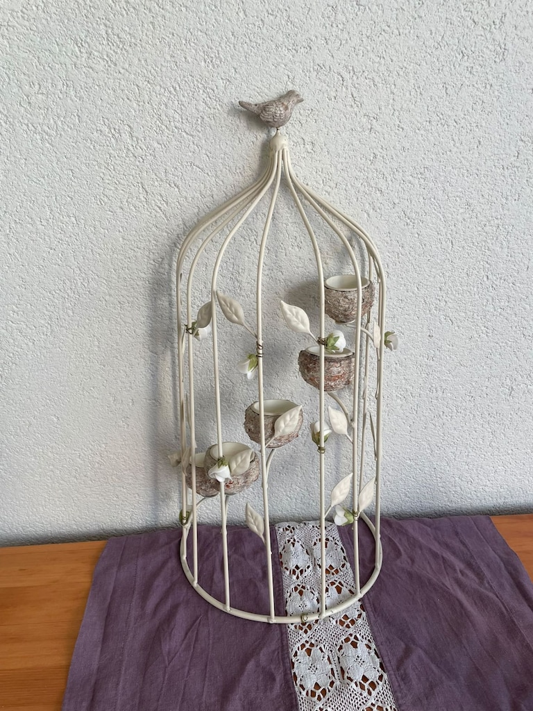 Vintage Duvar Askılı Ferforje Kuş Kafesi Şamdan Tealight Mumluk Beyaz - 3